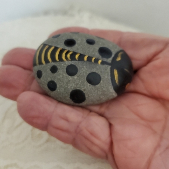 Painted Elegant Black Gray and Gold Ladybug Rock, hand painted ladybug Rock - Picture 1 of 8